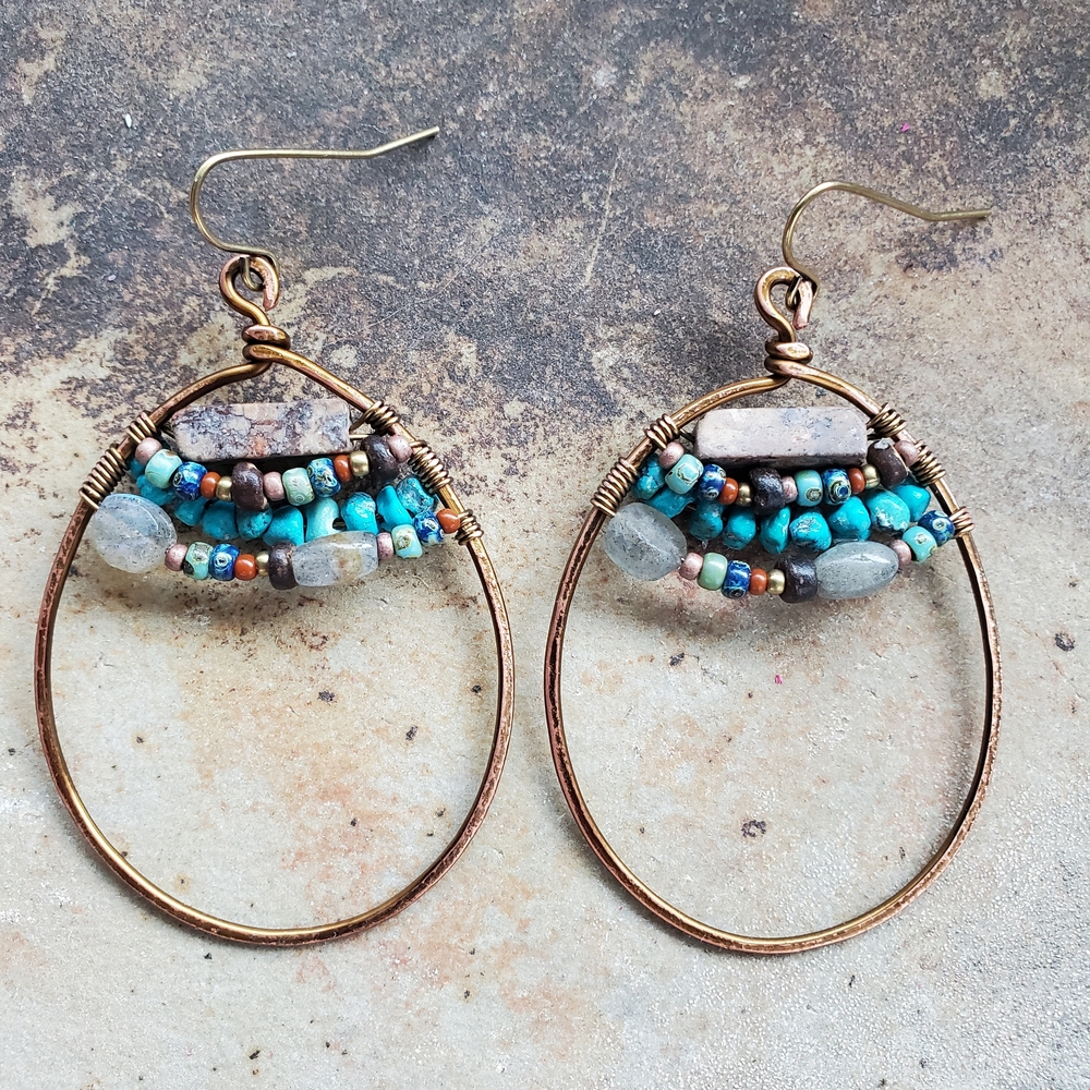 Bohemian Turquoise and Bronze Hoop Earrings